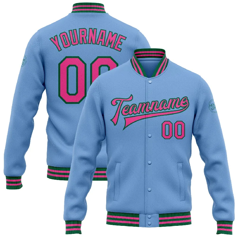 Relaxed-Fit Unisex Clothing Options Casual Yet Chic Sales Custom Light Blue Pink-Kelly Green Bomber Full-Snap Varsity Letterman Jacket