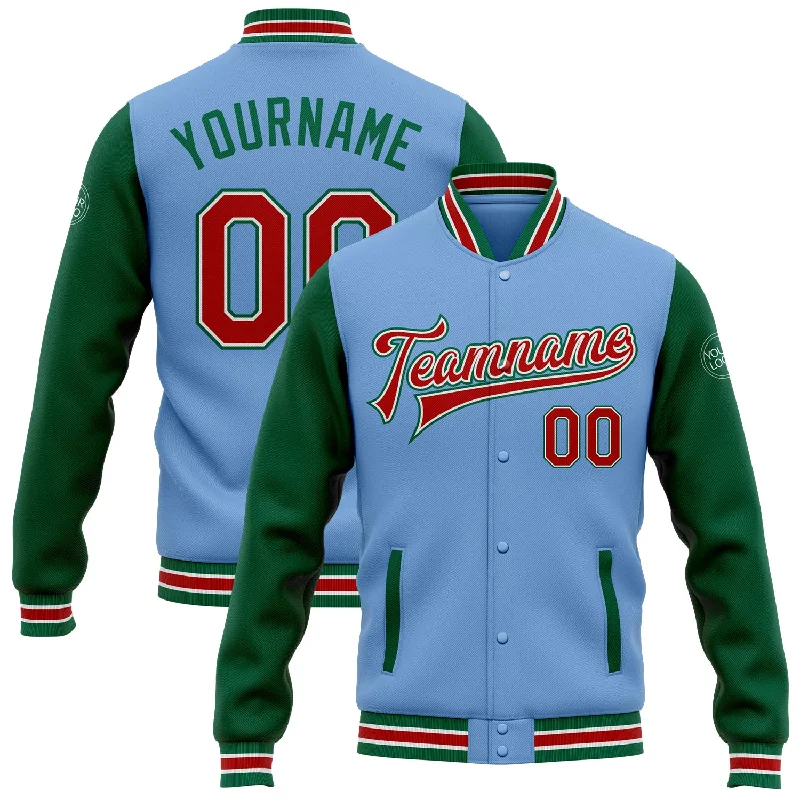 Unisex Casual Wear For All Seasons Limited Styles Custom Light Blue Red-Kelly Green Bomber Full-Snap Varsity Letterman Two Tone Jacket Unisex Casual Wear For All Seasons Limited Styles Custom Light Blue Red-Kelly Green Bomber Full-Snap Varsity Letterman Two Tone Jacket