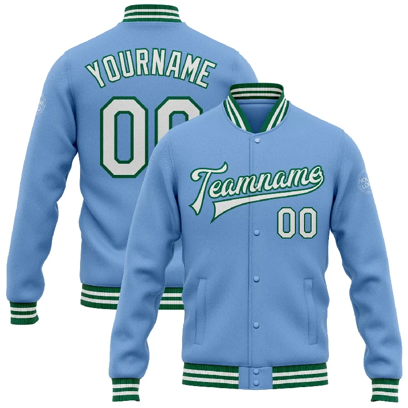 Comfortable And Stylish Unisex Outfits Feminine Luxe Style Sale Custom Light Blue White-Kelly Green Bomber Full-Snap Varsity Letterman Jacket