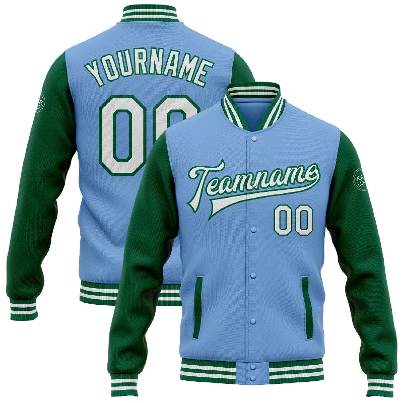 Modern Unisex Clothing For Any Occasion Style Upgrade Custom Light Blue White-Kelly Green Bomber Full-Snap Varsity Letterman Two Tone Jacket Modern Unisex Clothing For Any Occasion Style Upgrade Custom Light Blue White-Kelly Green Bomber Full-Snap Varsity Letterman Two Tone Jacket