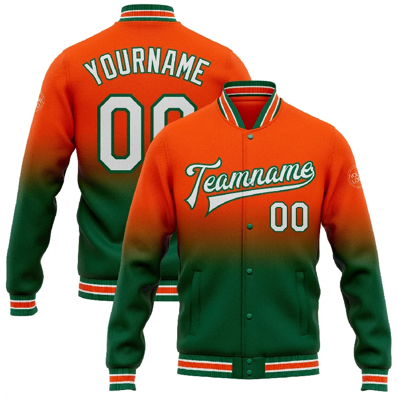 Oversized And Relaxed Unisex Fashion Fashion Deal Custom Orange White-Kelly Green Bomber Full-Snap Varsity Letterman Fade Fashion Jacket Oversized And Relaxed Unisex Fashion Fashion Deal Custom Orange White-Kelly Green Bomber Full-Snap Varsity Letterman Fade Fashion Jacket