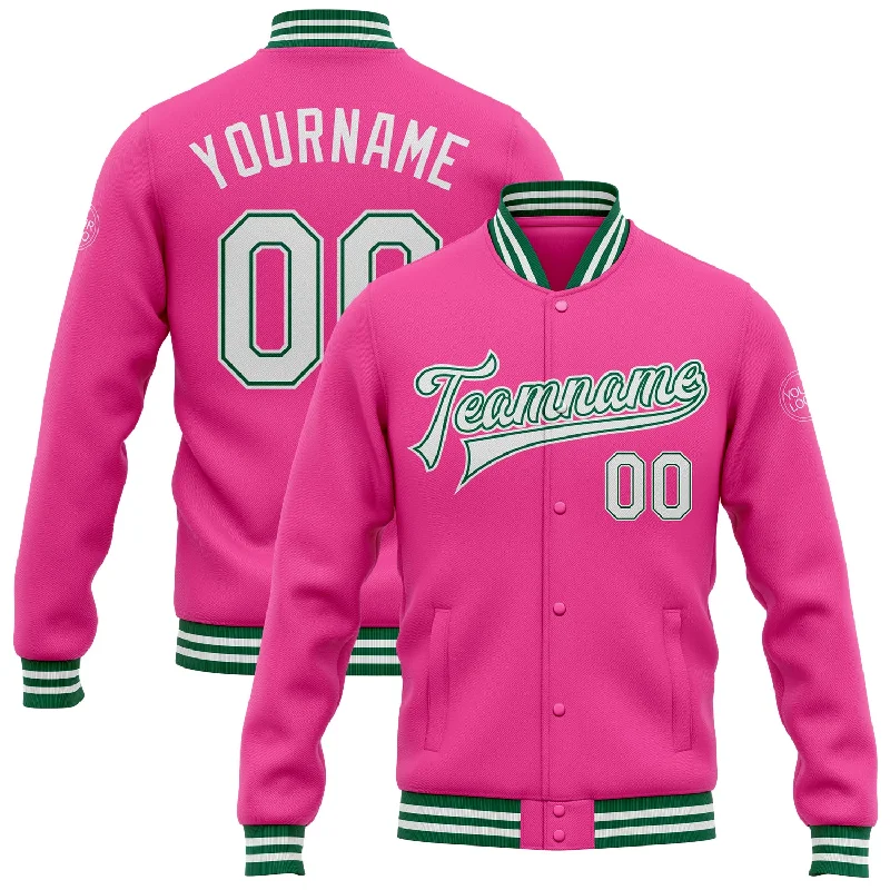 Minimalist Unisex Fashion Essentials The Latest Trends Custom Pink White-Kelly Green Bomber Full-Snap Varsity Letterman Jacket