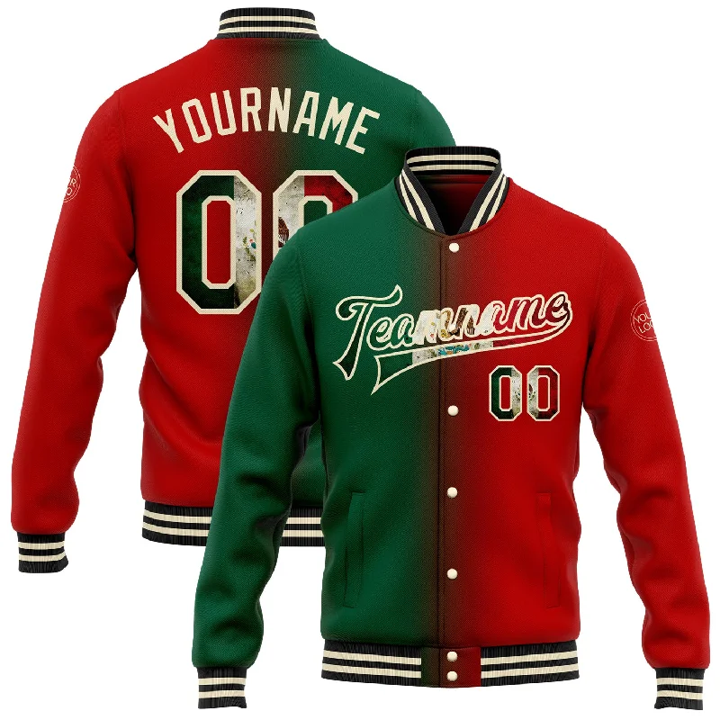 Sleek And Stylish Unisex Outerwear Must Haves Custom Red Vintage Mexican Flag Kelly Green Cream-Black Bomber Full-Snap Varsity Letterman Gradient Fashion Jacket Sleek And Stylish Unisex Outerwear Must Haves Custom Red Vintage Mexican Flag Kelly Green Cream-Black Bomber Full-Snap Varsity Letterman Gradient Fashion Jacket