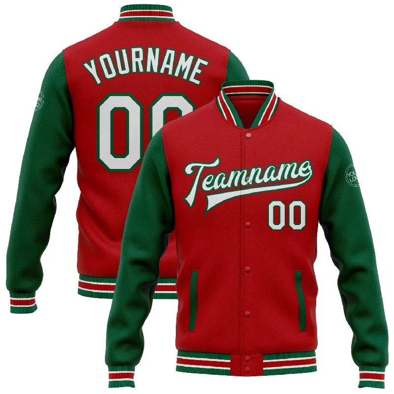 Minimalist Unisex Fashion Must-Haves Trend Leading Collection Custom Red White-Kelly Green Bomber Full-Snap Varsity Letterman Two Tone Jacket