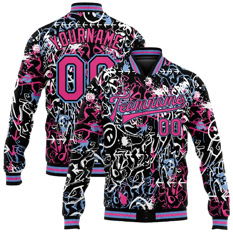 Casual Yet Sophisticated Unisex Fashion New Season Fashion Preview Custom Graffiti Pattern Pink-Light Blue Abstract Grunge Art 3D Bomber Full-Snap Varsity Letterman Jacket Casual Yet Sophisticated Unisex Fashion New Season Fashion Preview Custom Graffiti Pattern Pink-Light Blue Abstract Grunge Art 3D Bomber Full-Snap Varsity Letterman Jacket
