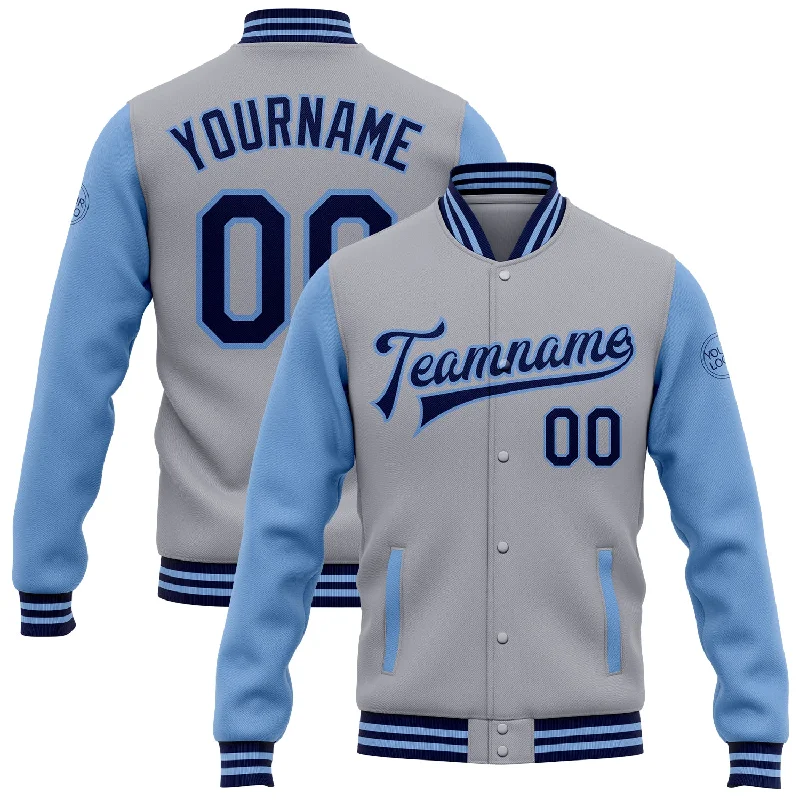 Unisex Everyday Fashion Essentials Seasonal Picks Custom Gray Navy-Light Blue Bomber Full-Snap Varsity Letterman Two Tone Jacket Unisex Everyday Fashion Essentials Seasonal Picks Custom Gray Navy-Light Blue Bomber Full-Snap Varsity Letterman Two Tone Jacket