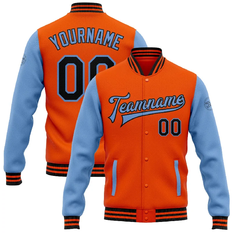 Sleek And Stylish Unisex Outerwear Feminine Style Promotions Custom Orange Black-Light Blue Bomber Full-Snap Varsity Letterman Two Tone Jacket Sleek And Stylish Unisex Outerwear Feminine Style Promotions Custom Orange Black-Light Blue Bomber Full-Snap Varsity Letterman Two Tone Jacket