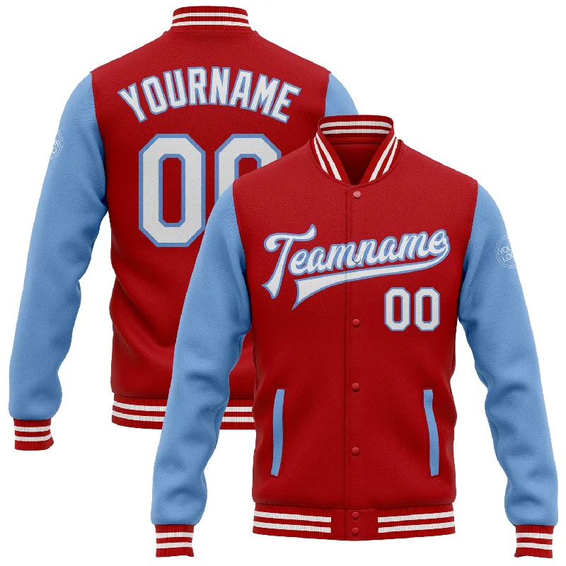 Relaxed-Fit Unisex Fashion For All-Day Comfort Valentine's Special Custom Red White-Light Blue Bomber Full-Snap Varsity Letterman Two Tone Jacket