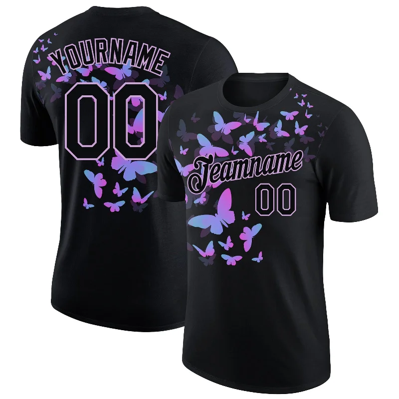 Versatile Unisex Layering Pieces Vintage-Modern Style Offers Custom Black Light Purple 3D Pattern Design Butterfly Performance T-Shirt