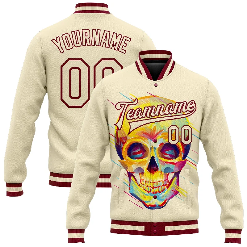 Gender-Neutral Clothing Styles Playful Fashion Offers Custom Cream Maroon Skull Fashion 3D Bomber Full-Snap Varsity Letterman Jacket Gender-Neutral Clothing Styles Playful Fashion Offers Custom Cream Maroon Skull Fashion 3D Bomber Full-Snap Varsity Letterman Jacket