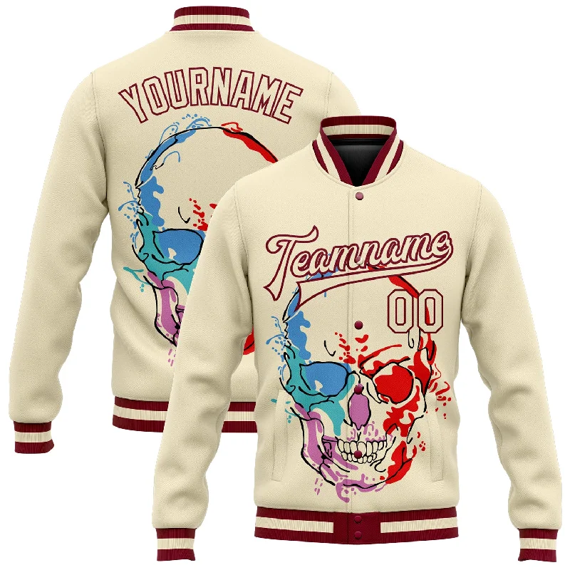 Versatile Unisex Layering Pieces Contemporary Chic Promotions Custom Cream Maroon Skull Fashion 3D Bomber Full-Snap Varsity Letterman Jacket Versatile Unisex Layering Pieces Contemporary Chic Promotions Custom Cream Maroon Skull Fashion 3D Bomber Full-Snap Varsity Letterman Jacket