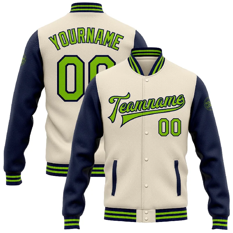 High-Quality Unisex Basics For All Occasions Season Offer Custom Cream Neon Green-Navy Bomber Full-Snap Varsity Letterman Two Tone Jacket High-Quality Unisex Basics For All Occasions Season Offer Custom Cream Neon Green-Navy Bomber Full-Snap Varsity Letterman Two Tone Jacket