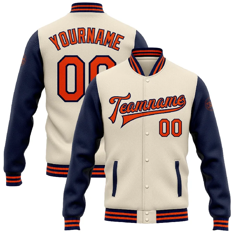 Chic And Casual Unisex Fashion Trends Huge Markdowns Custom Cream Orange-Navy Bomber Full-Snap Varsity Letterman Two Tone Jacket Chic And Casual Unisex Fashion Trends Huge Markdowns Custom Cream Orange-Navy Bomber Full-Snap Varsity Letterman Two Tone Jacket