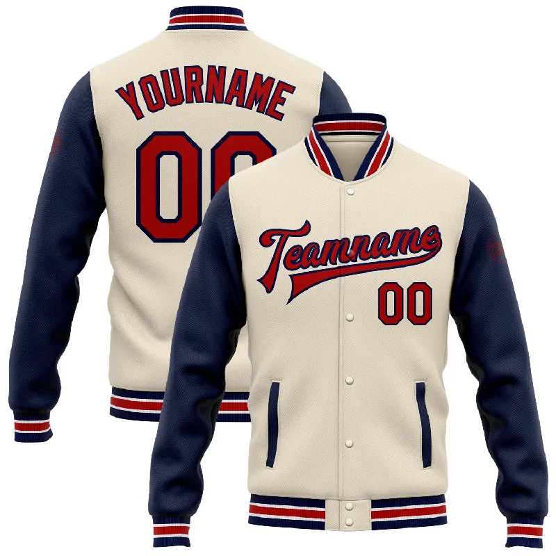 Sleek And Contemporary Gender-Free Outfits Spring Offer Custom Cream Red-Navy Bomber Full-Snap Varsity Letterman Two Tone Jacket Sleek And Contemporary Gender-Free Outfits Spring Offer Custom Cream Red-Navy Bomber Full-Snap Varsity Letterman Two Tone Jacket