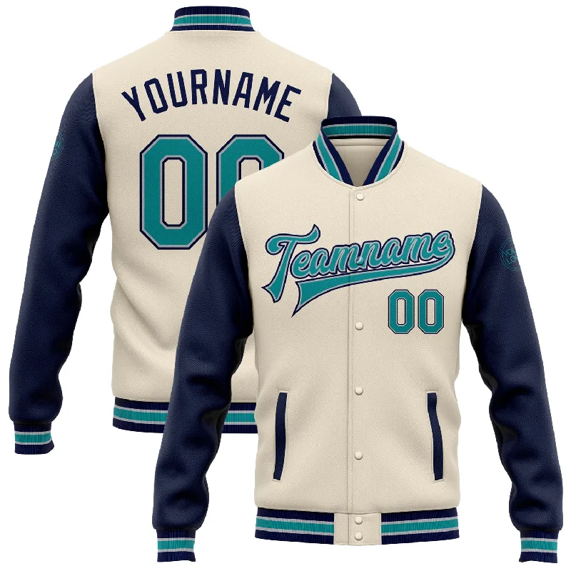 Classic And Timeless Unisex Style New Styles Just In Custom Cream Teal Navy-Gray Bomber Full-Snap Varsity Letterman Two Tone Jacket Classic And Timeless Unisex Style New Styles Just In Custom Cream Teal Navy-Gray Bomber Full-Snap Varsity Letterman Two Tone Jacket