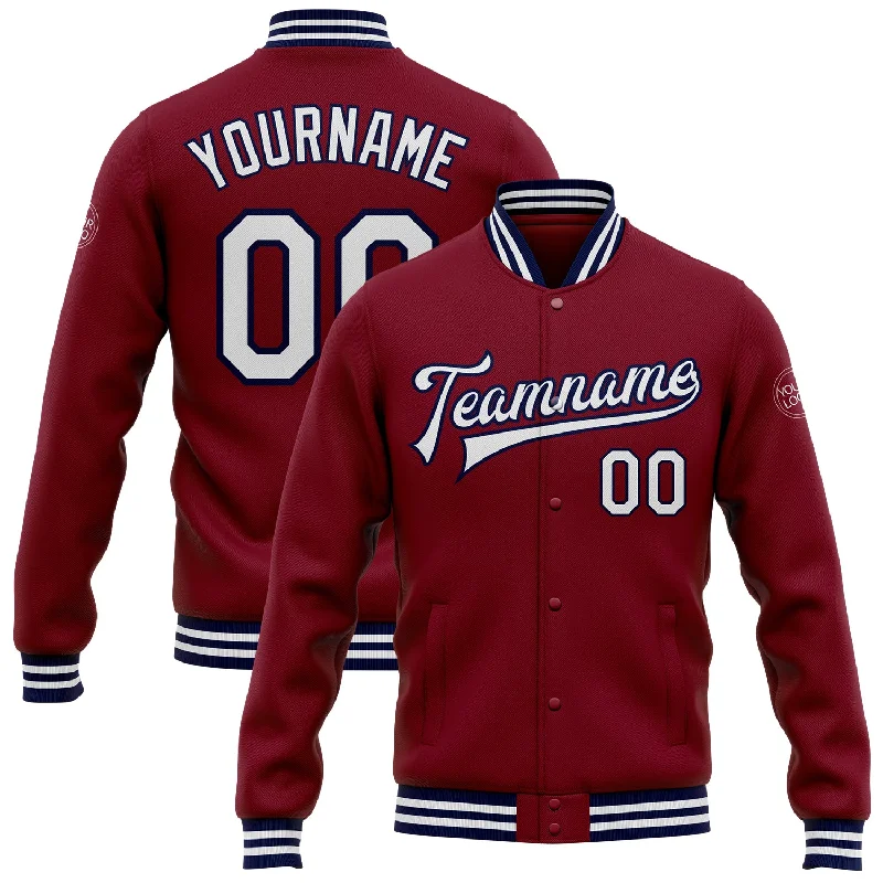 Comfortable Unisex Streetwear Affordable Trendy Fashion Custom Crimson White-Navy Bomber Full-Snap Varsity Letterman Jacket