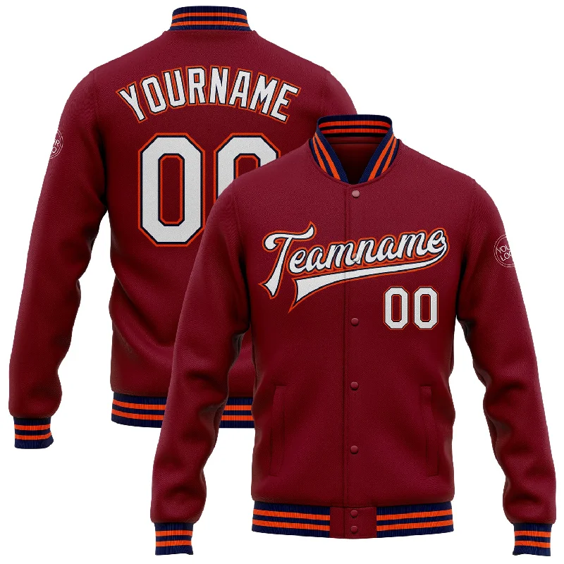 Stylish Unisex Outfit Ideas Street Style Discounts Custom Crimson White Navy-Orange Bomber Full-Snap Varsity Letterman Jacket