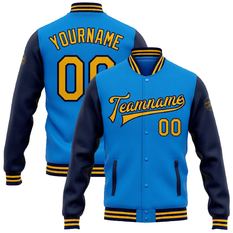 Stylish Unisex Outfit Ideas Hot Styles Custom Powder Blue Gold-Navy Bomber Full-Snap Varsity Letterman Two Tone Jacket Stylish Unisex Outfit Ideas Hot Styles Custom Powder Blue Gold-Navy Bomber Full-Snap Varsity Letterman Two Tone Jacket