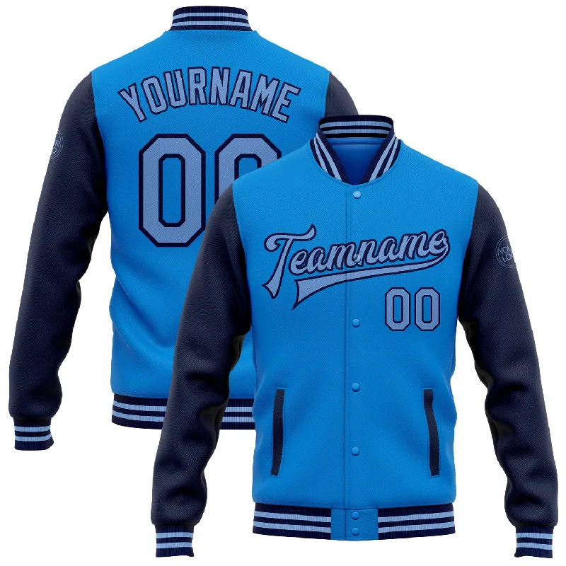 Effortless And Modern Unisex Dressing Seasonal Sale Custom Powder Blue Light Blue-Navy Bomber Full-Snap Varsity Letterman Two Tone Jacket Effortless And Modern Unisex Dressing Seasonal Sale Custom Powder Blue Light Blue-Navy Bomber Full-Snap Varsity Letterman Two Tone Jacket