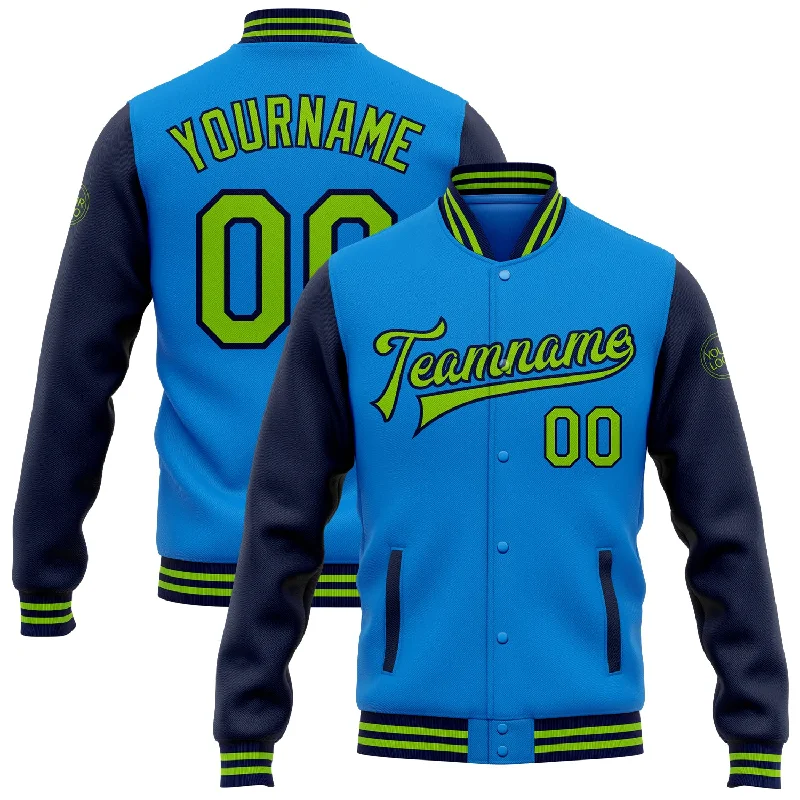 Oversized And Relaxed Unisex Fashion Limited Time Deal Custom Powder Blue Neon Green-Navy Bomber Full-Snap Varsity Letterman Two Tone Jacket Oversized And Relaxed Unisex Fashion Limited Time Deal Custom Powder Blue Neon Green-Navy Bomber Full-Snap Varsity Letterman Two Tone Jacket