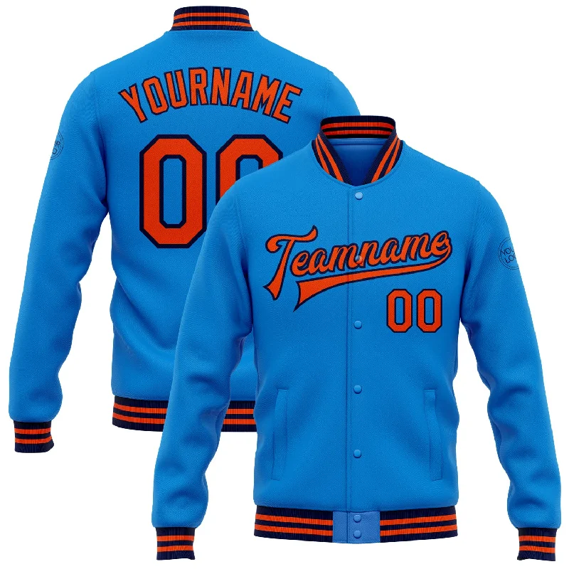 Unisex Casual Wear For All Seasons Laid-Back Fashion Offers Custom Powder Blue Orange-Navy Bomber Full-Snap Varsity Letterman Jacket