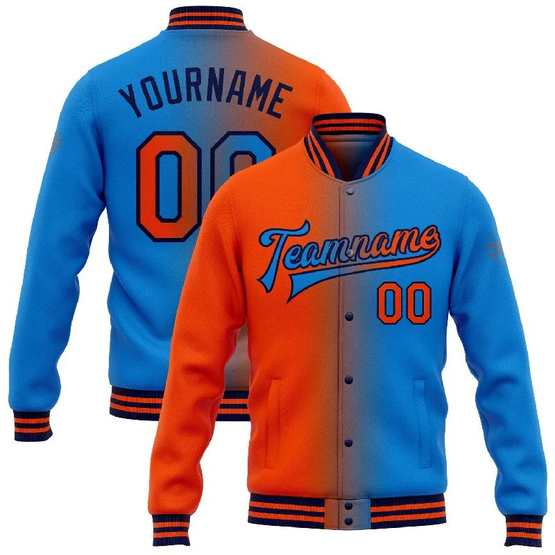 Comfortable Gender-Free Fashion Choices Statement Fashion Offers Custom Powder Blue Orange-Navy Bomber Full-Snap Varsity Letterman Gradient Fashion Jacket Comfortable Gender-Free Fashion Choices Statement Fashion Offers Custom Powder Blue Orange-Navy Bomber Full-Snap Varsity Letterman Gradient Fashion Jacket