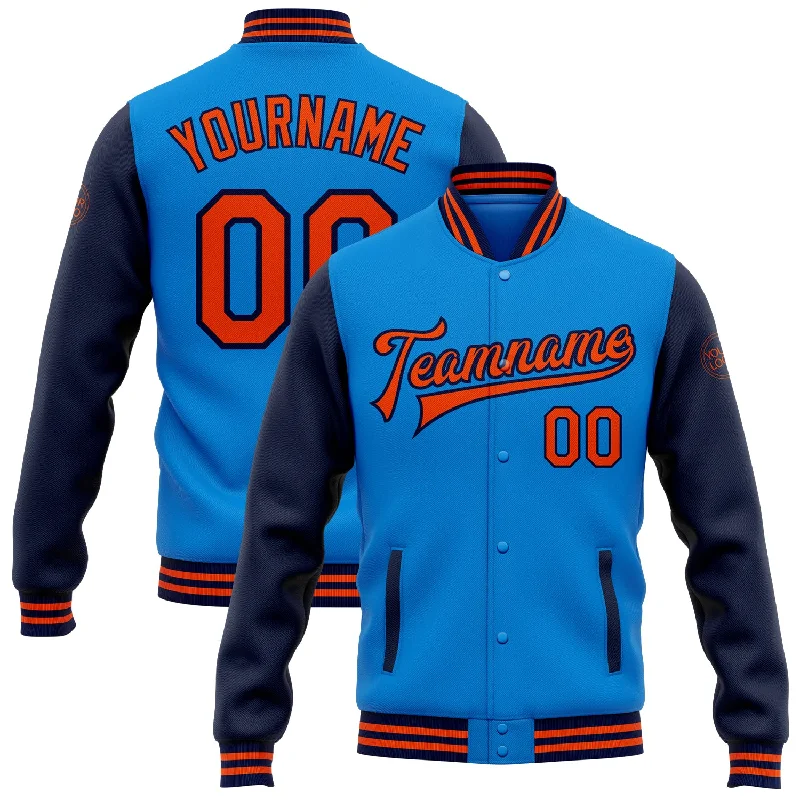 Sustainable Gender-Neutral Apparel Seasonal Trends Custom Powder Blue Orange-Navy Bomber Full-Snap Varsity Letterman Two Tone Jacket Sustainable Gender-Neutral Apparel Seasonal Trends Custom Powder Blue Orange-Navy Bomber Full-Snap Varsity Letterman Two Tone Jacket