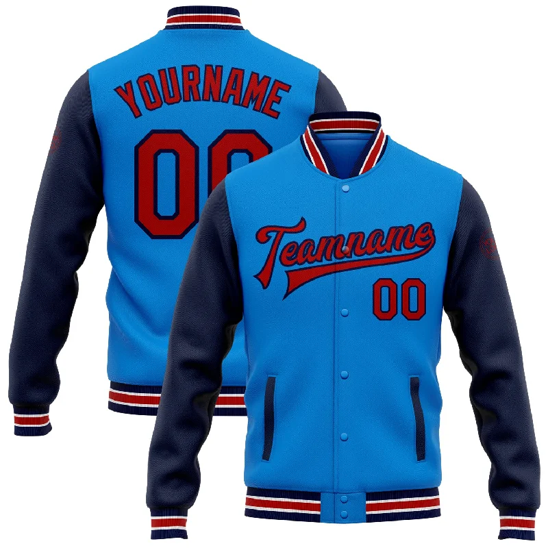 Unisex Everyday Fashion Essentials Holiday Glam Custom Powder Blue Red-Navy Bomber Full-Snap Varsity Letterman Two Tone Jacket
