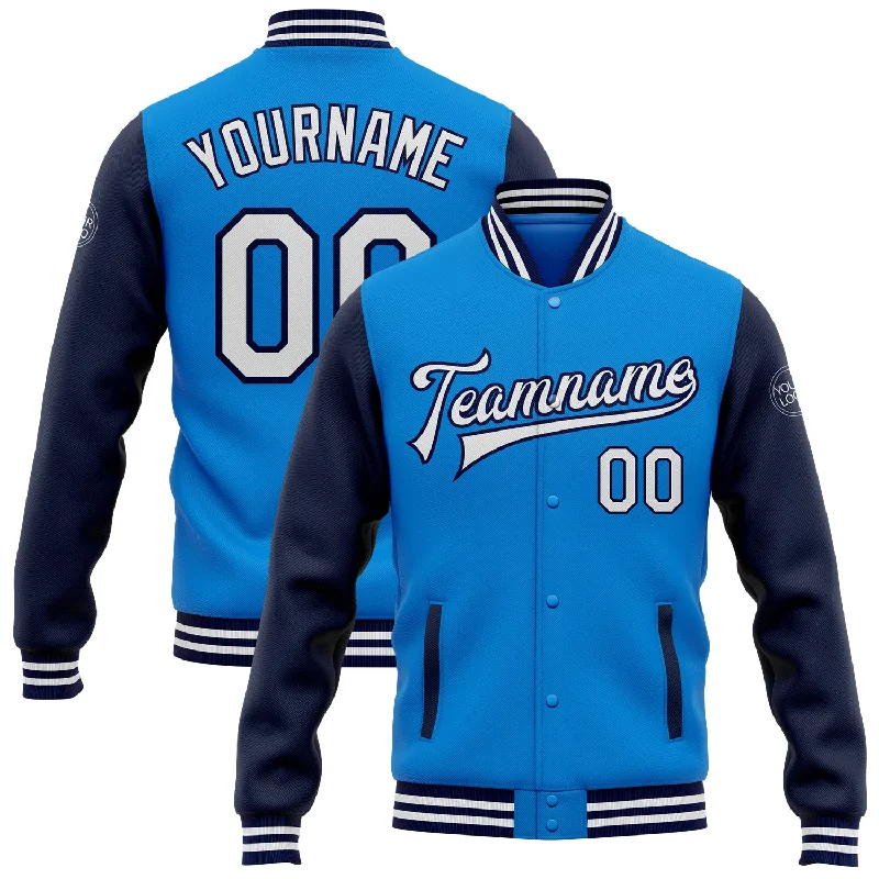Fashion-Forward Unisex Apparel Latest Fashion Custom Powder Blue White-Navy Bomber Full-Snap Varsity Letterman Two Tone Jacket Fashion-Forward Unisex Apparel Latest Fashion Custom Powder Blue White-Navy Bomber Full-Snap Varsity Letterman Two Tone Jacket