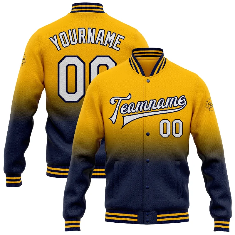 Breathable And Lightweight Unisex Wear Comfort Meets Fashion Custom Gold White-Navy Bomber Full-Snap Varsity Letterman Fade Fashion Jacket Breathable And Lightweight Unisex Wear Comfort Meets Fashion Custom Gold White-Navy Bomber Full-Snap Varsity Letterman Fade Fashion Jacket
