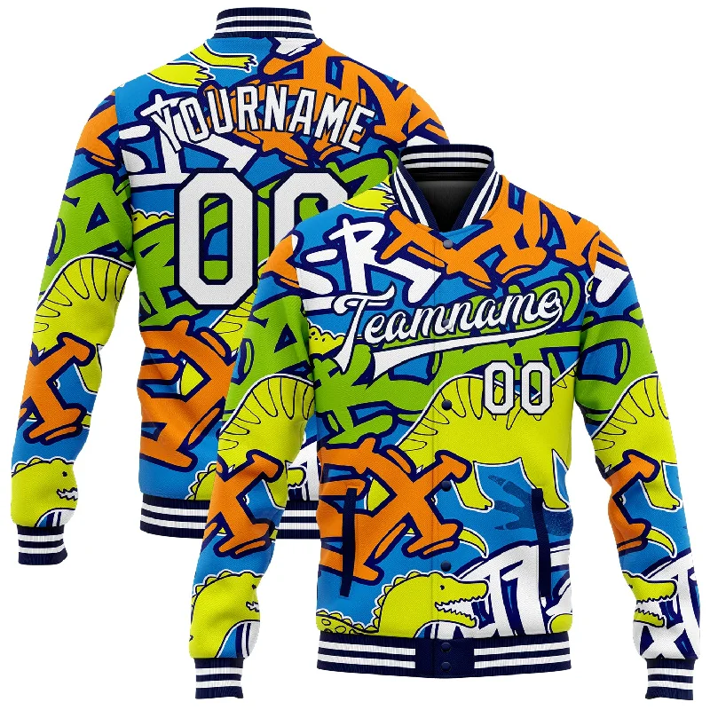 Gender-Neutral Clothing Styles Shop The Hottest Deals Custom Graffiti Pattern White-Navy Grunge Art With Dinosaur And Words 3D Bomber Full-Snap Varsity Letterman Jacket Gender-Neutral Clothing Styles Shop The Hottest Deals Custom Graffiti Pattern White-Navy Grunge Art With Dinosaur And Words 3D Bomber Full-Snap Varsity Letterman Jacket