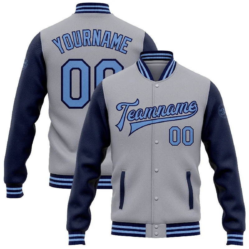 Minimalist Unisex Fashion Essentials Seize Bargains Custom Gray Light Blue-Navy Bomber Full-Snap Varsity Letterman Two Tone Jacket Minimalist Unisex Fashion Essentials Seize Bargains Custom Gray Light Blue-Navy Bomber Full-Snap Varsity Letterman Two Tone Jacket