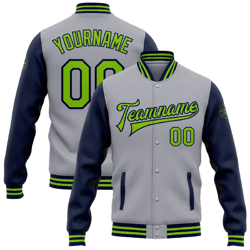 Gender-Neutral Clothing Styles Discover Promotions Custom Gray Neon Green-Navy Bomber Full-Snap Varsity Letterman Two Tone Jacket