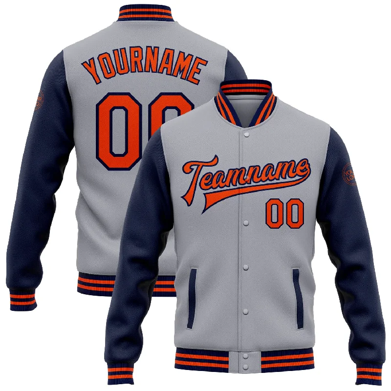 Oversized Unisex Fashion Pieces Top Brand Discounts Custom Gray Orange-Navy Bomber Full-Snap Varsity Letterman Two Tone Jacket Oversized Unisex Fashion Pieces Top Brand Discounts Custom Gray Orange-Navy Bomber Full-Snap Varsity Letterman Two Tone Jacket