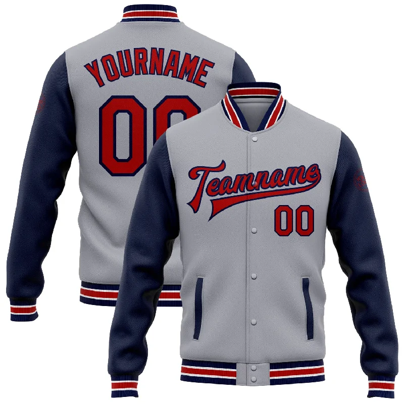 Versatile Unisex Layering Pieces Budget Friendly Custom Gray Red-Navy Bomber Full-Snap Varsity Letterman Two Tone Jacket