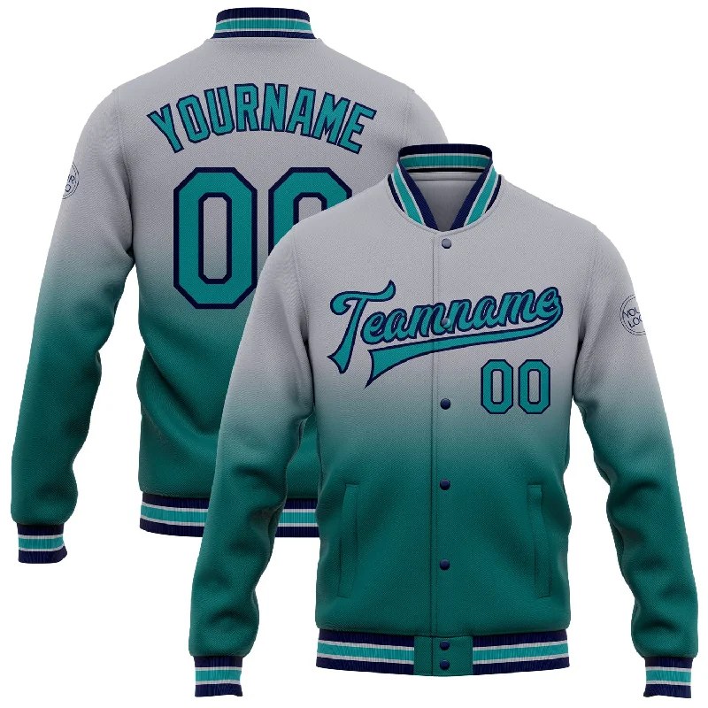Trendy Unisex Streetwear Fashion Fashion Forward, Function First Custom Gray Teal-Navy Bomber Full-Snap Varsity Letterman Fade Fashion Jacket Trendy Unisex Streetwear Fashion Fashion Forward, Function First Custom Gray Teal-Navy Bomber Full-Snap Varsity Letterman Fade Fashion Jacket