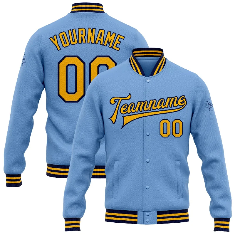 Sleek And Comfortable Unisex Wear Hot Sale Custom Light Blue Gold-Navy Bomber Full-Snap Varsity Letterman Jacket