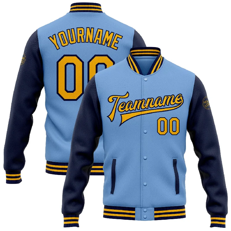 Casual Yet Sophisticated Unisex Fashion Chic Style, Always In Vogue Custom Light Blue Gold-Navy Bomber Full-Snap Varsity Letterman Two Tone Jacket Casual Yet Sophisticated Unisex Fashion Chic Style, Always In Vogue Custom Light Blue Gold-Navy Bomber Full-Snap Varsity Letterman Two Tone Jacket