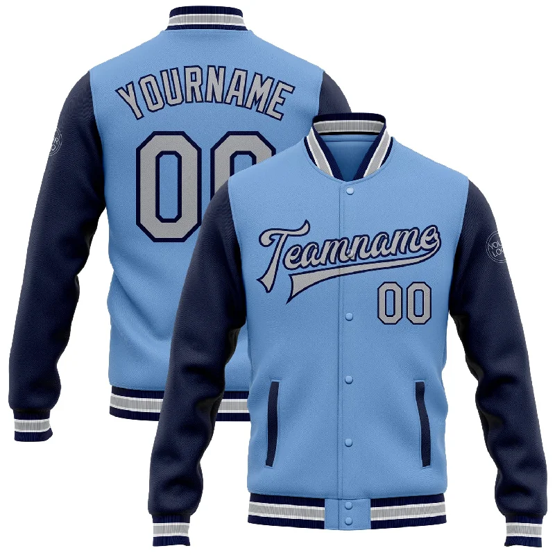 Comfortable Unisex Streetwear End-Of-Season Clearance Custom Light Blue Gray-Navy Bomber Full-Snap Varsity Letterman Two Tone Jacket