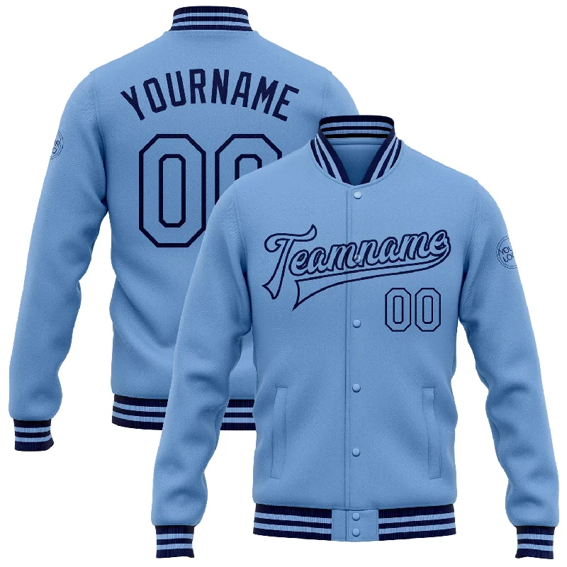 Sustainable And Ethical Unisex Clothing The Good Stuff Custom Light Blue Navy Bomber Full-Snap Varsity Letterman Jacket