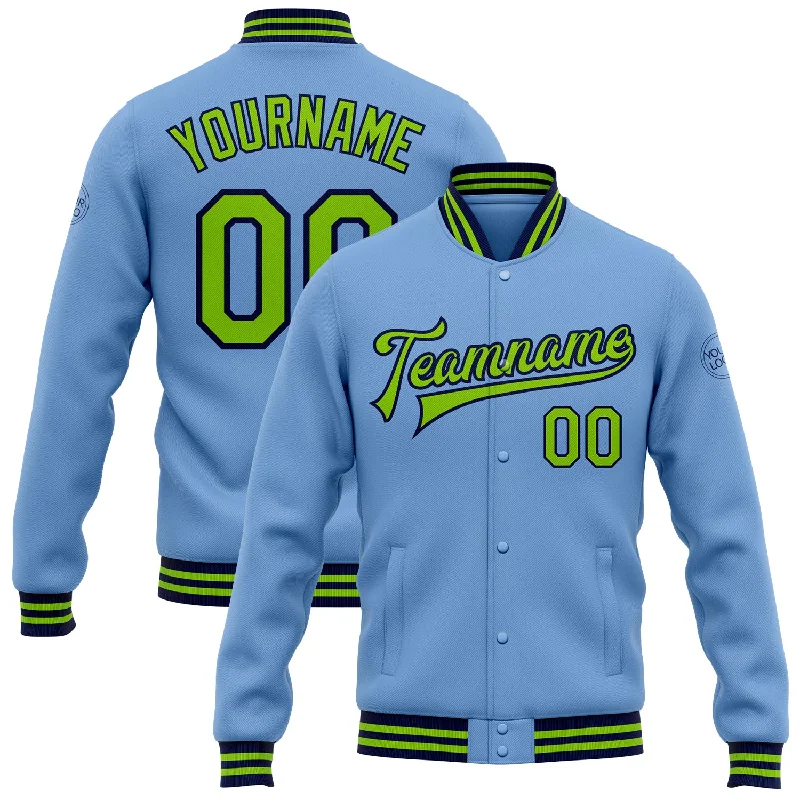 Trendy Unisex Streetwear Fashion Luxe Style Discounts Custom Light Blue Neon Green-Navy Bomber Full-Snap Varsity Letterman Jacket