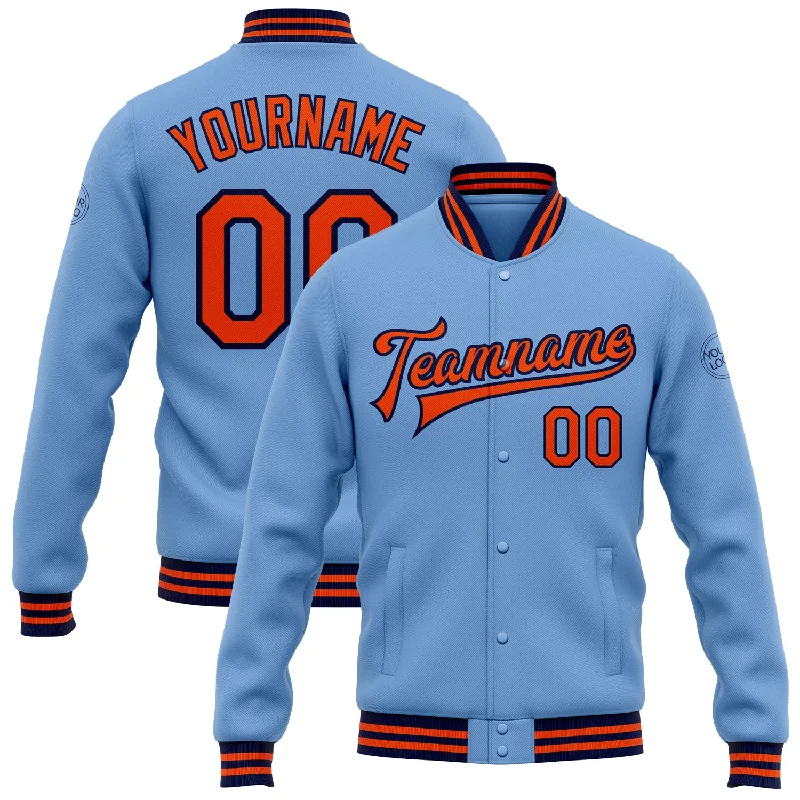 Classic And Timeless Gender-Neutral Fashion Flash Sale Custom Light Blue Orange-Navy Bomber Full-Snap Varsity Letterman Jacket