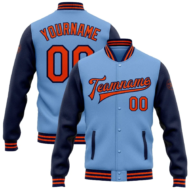 Stylish Unisex Outfit Ideas Durable Fashion Picks Custom Light Blue Orange-Navy Bomber Full-Snap Varsity Letterman Two Tone Jacket