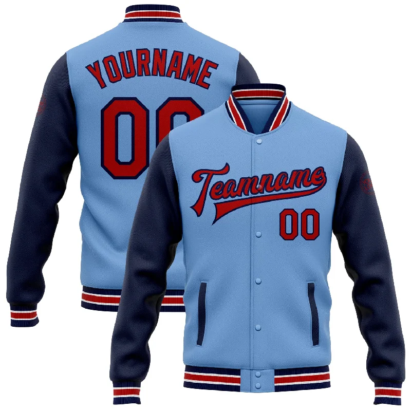 Sustainable Gender-Neutral Apparel Fresh Styles, Fresh Deals Custom Light Blue Red-Navy Bomber Full-Snap Varsity Letterman Two Tone Jacket Sustainable Gender-Neutral Apparel Fresh Styles, Fresh Deals Custom Light Blue Red-Navy Bomber Full-Snap Varsity Letterman Two Tone Jacket