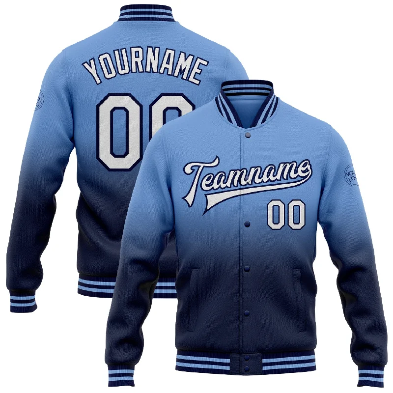 Functional And Stylish Unisex Outerwear Weekend Exclusive Custom Light Blue White-Navy Bomber Full-Snap Varsity Letterman Fade Fashion Jacket Functional And Stylish Unisex Outerwear Weekend Exclusive Custom Light Blue White-Navy Bomber Full-Snap Varsity Letterman Fade Fashion Jacket