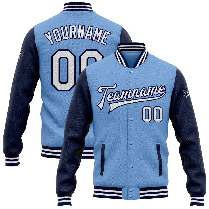 Classic Unisex Fashion Looks Exclusive Discount Custom Light Blue White-Navy Bomber Full-Snap Varsity Letterman Two Tone Jacket Classic Unisex Fashion Looks Exclusive Discount Custom Light Blue White-Navy Bomber Full-Snap Varsity Letterman Two Tone Jacket