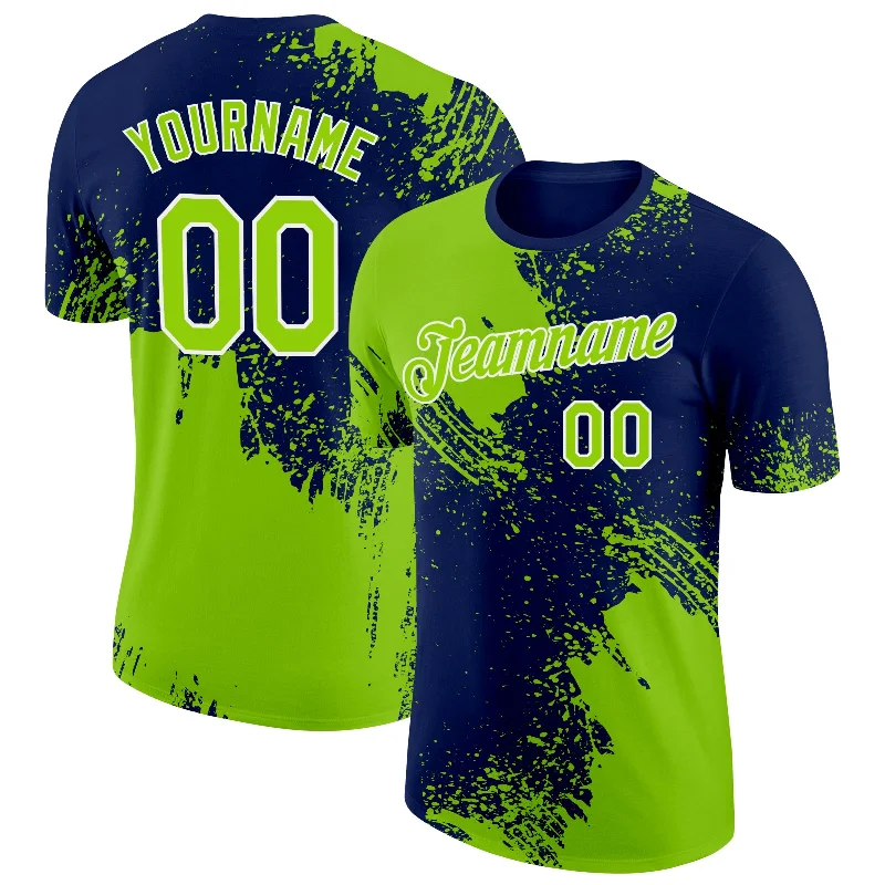 Urban-Inspired Unisex Fashion Trends Hot Trends Custom Neon Green Navy-White 3D Pattern Design Abstract Brush Stroke Performance T-Shirt