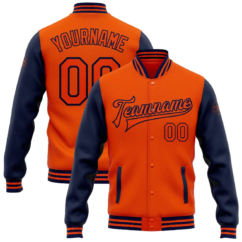 Everyday Wear For Men And Women Modern Chic Discounts Custom Orange Navy Bomber Full-Snap Varsity Letterman Two Tone Jacket Everyday Wear For Men And Women Modern Chic Discounts Custom Orange Navy Bomber Full-Snap Varsity Letterman Two Tone Jacket