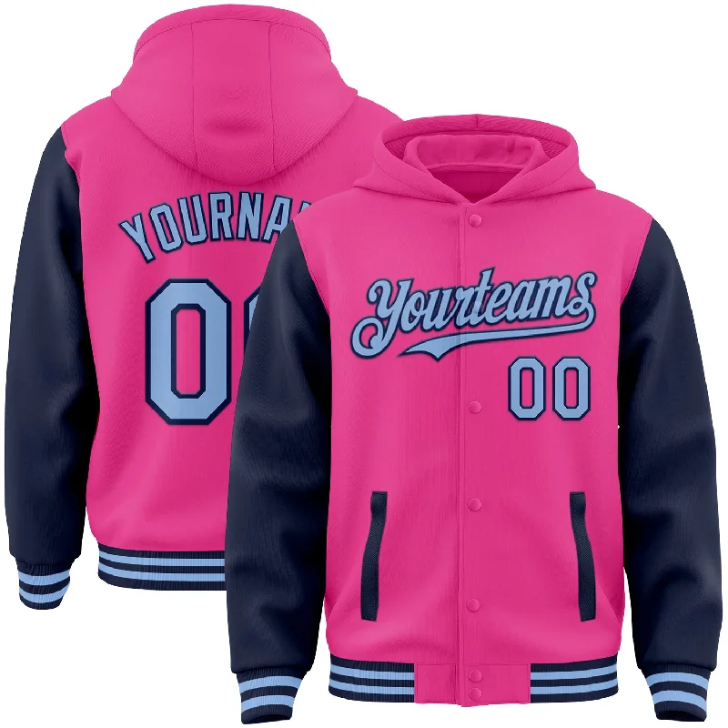 Unisex Casual Fashion Trends Athleisure Style Sale Custom Pink Light Blue-Navy Bomber Full-Snap Varsity Letterman Two Tone Hoodie Jacket