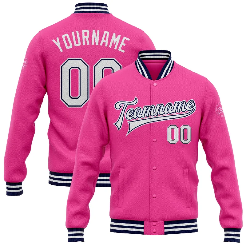 Trendy Unisex Bid Farewell To The Old Season Custom Pink White-Navy Bomber Full-Snap Varsity Letterman Jacket